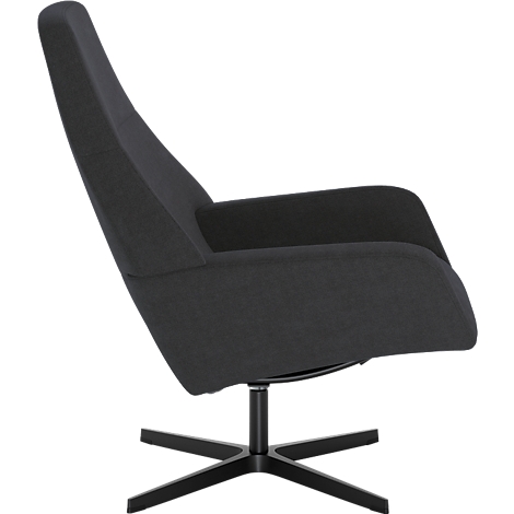 Fauteuil moderne gris foncé à dossier haut sur une base pivotante noire à quatre branches.