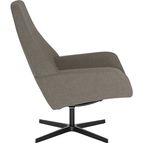 Fauteuil gris avec un dossier haut sur une base en métal noir en forme d'étoile sur fond blanc.