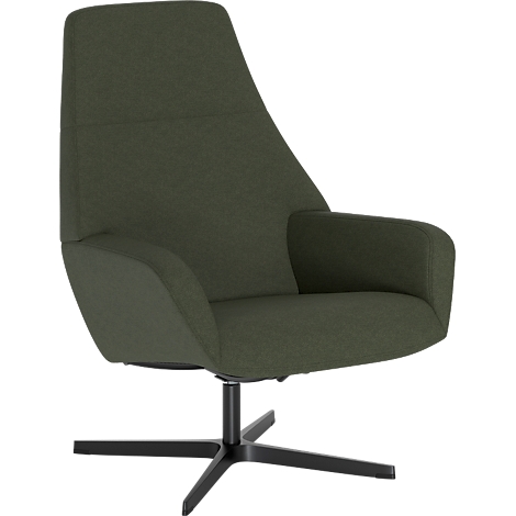 Fauteuil moderne vert olive avec dossier haut sur un pied en étoile noir.