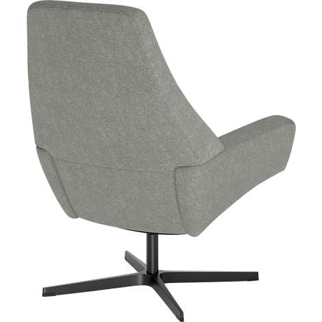 Vue arrière d'un fauteuil rembourré gris clair avec une base pivotante noire à quatre branches sur fond blanc.