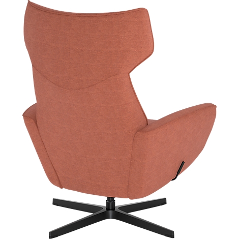 Vue arrière d'un fauteuil lounge orange rouille avec dossier haut et pied en étoile noir sur fond blanc.