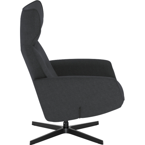 Fauteuil gris foncé avec dossier haut et pied en étoile noir, vu de côté sur un fond blanc.