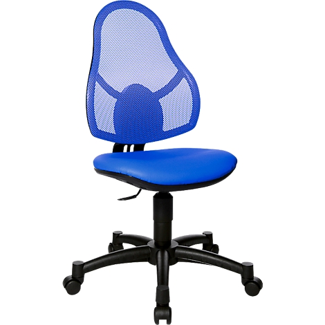 Chaise de bureau ergonomique bleue avec dossier en maille et cadre noir. Réglable en hauteur avec roulettes.