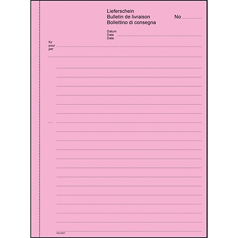 Pink delivery note with text in German, French and Italian.