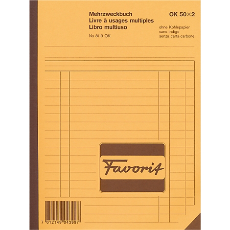 Yellow multi-purpose book with lined pages, titles in German, French, and Spanish, and a "Favorit" logo.