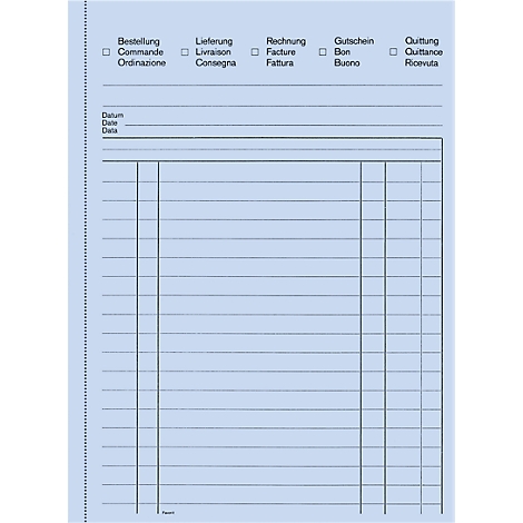 Blue form with fields for order, invoice etc. Headings in German, French, Italian. For notes and tables.