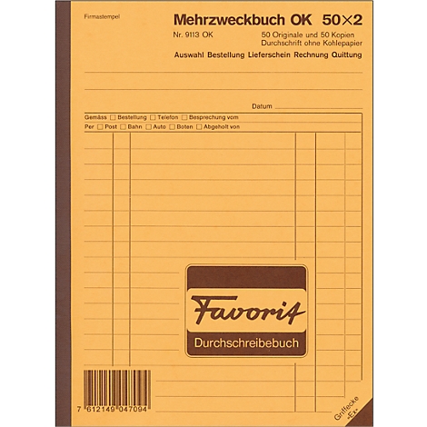A yellow multi-purpose book with checkered pages. "Mehrzweckbuch OK" is written at the top. The "Favorit Durchschreibebuch" logo is at the bottom right.