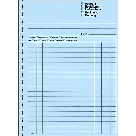 Blue form with fields to be ticked and filled in, such as selection, order, delivery note, invoice, receipt.