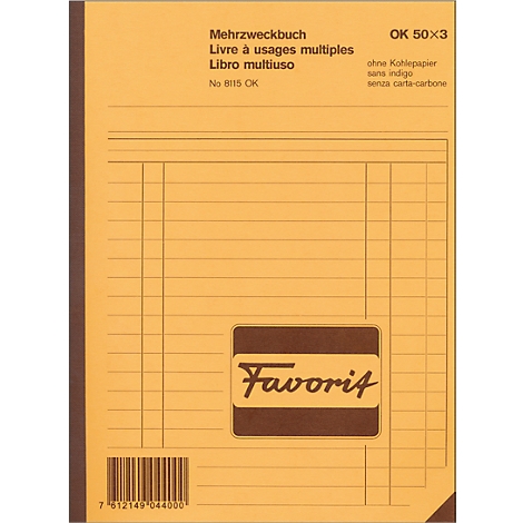 A yellow notepad with the word "Favorit". At the top it says "Mehrzweckbuch" in different languages.
