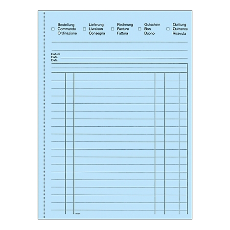 Blue form with labels for 'Order', 'Delivery', 'Invoice', 'Voucher', 'Receipt'. Fields to be filled.