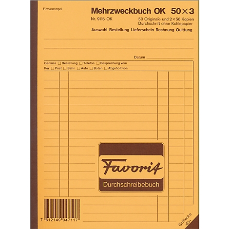 Yellow multipurpose book with brown lettering and grid. Printed: Favorit Durchschreibebuch.