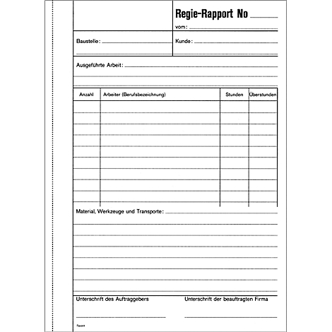 Ein leeres Regie-Rapport Blatt mit Beschriftungen und Tabellen. Textfelder für Angaben zur Baustelle, Kunde, ausgeführte Arbeit, Material etc.