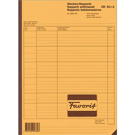 Yellow notebook with black text, weekly reports. Bottom logo Favorit.
