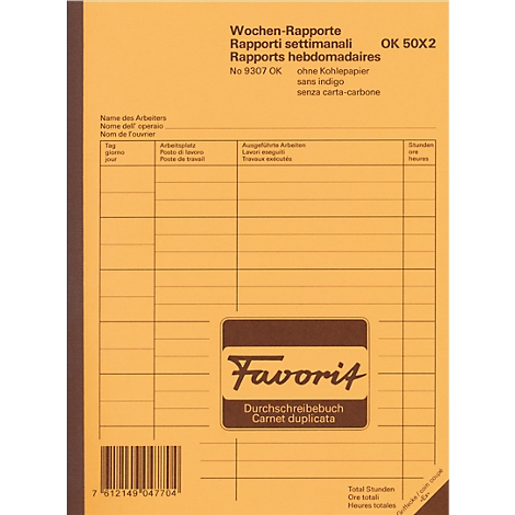 Notebook with brown cover and yellow pages, labeled with weekly reports. Below is the Favorit logo.