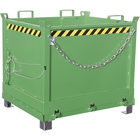 Green metal box with black and yellow warning stripes and chain. The box stands on small feet.