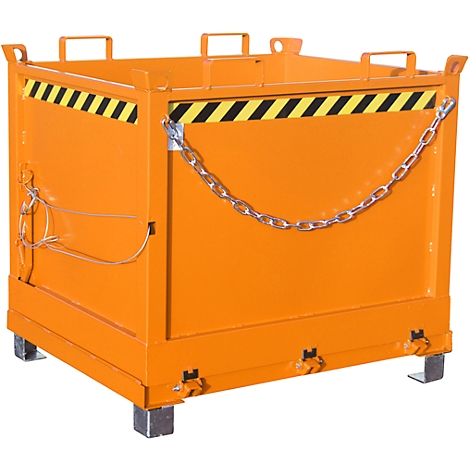 Orange metal container with black and yellow warning stripes, chain and handles.