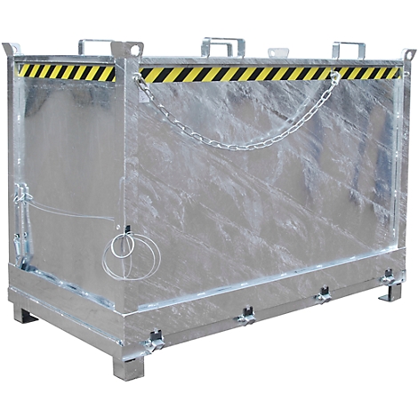 Grey metal container with a black and yellow warning stripe and chain. Handles on top, feet on the bottom.