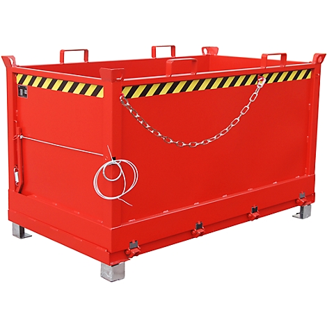 Red, metallic transport box with chain closure, yellow-black warning stripe and feet. Handles on top.