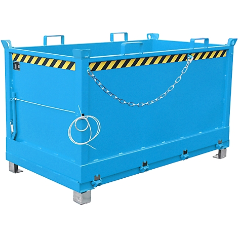 Blue metal box with handles, chain and yellow-black warning stripes. Standing on feet.