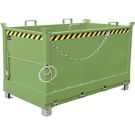 Green metal transport container. Yellow and black warning markings. Chain closure and handles.