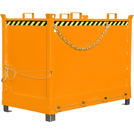 An orange steel container with black and yellow warning tape. A chain is attached to the side.