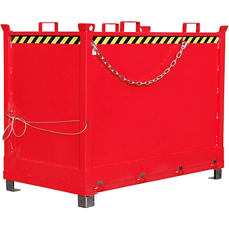 Red transport box with chain and handles. Yellow-black warning stripe at the top. Feet and a wire.