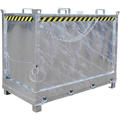 Rectangular metal container with black and yellow warning stripe. Chain and handles. On feet.