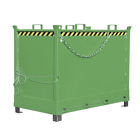 Green metal box with black and yellow warning stripes and chain.