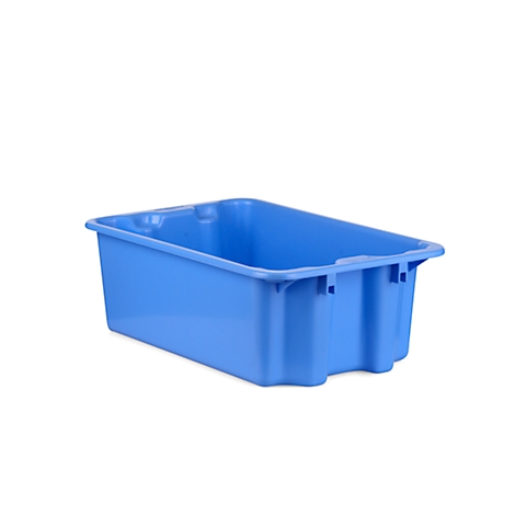 Blue rectangular storage box with handles. The box is in front of a white background.