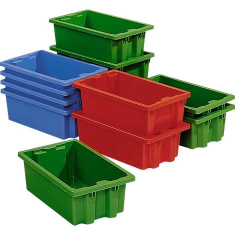 Several colorful plastic boxes: green, blue and red, stacked and side by side.