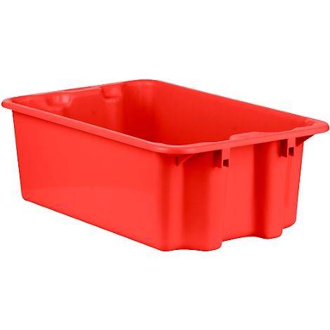 Red plastic box, rectangular, without lid. The sides have small handles.