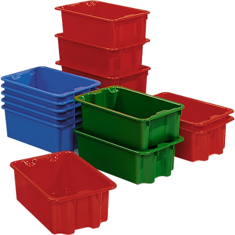 A collage of different colored storage boxes: red, green and blue.