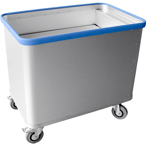 Grauer, rechteckiger Transportwagen mit vier Rollen und einem blauen Rahmen. Der Korb ist leer.
