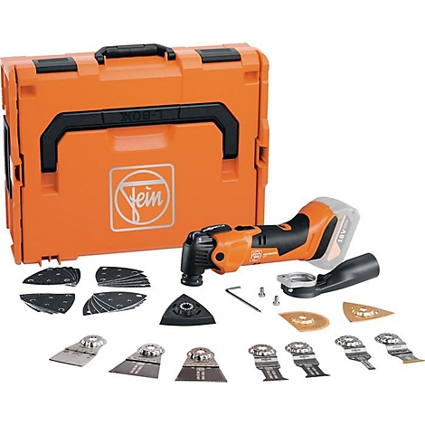 Mallette à outils orange avec multi-outil sans fil, accessoires et logo Fein.