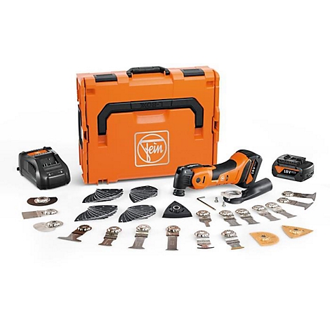 Boîte à outils orange avec un outil multifonction électrique, batteries et accessoires.