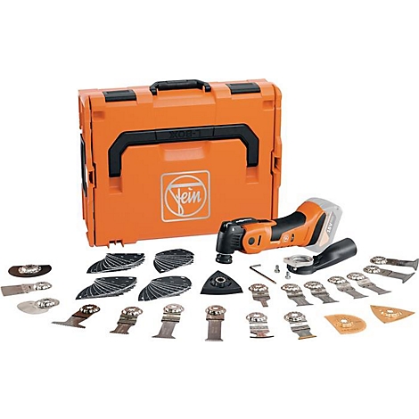 Une boîte à outils orange avec plusieurs outils, dont un outil multifonction et diverses lames de scie.