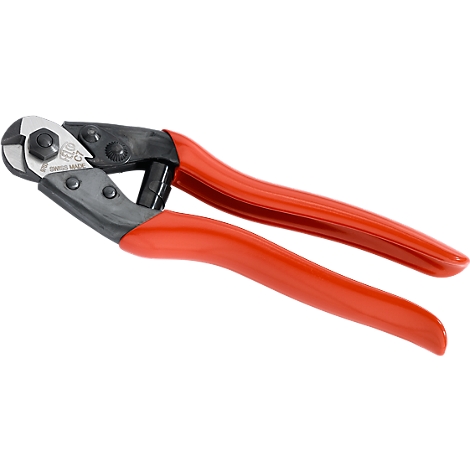 A red cable cutter lies on a white background. The handles are red, the cutting head is silver and black.
