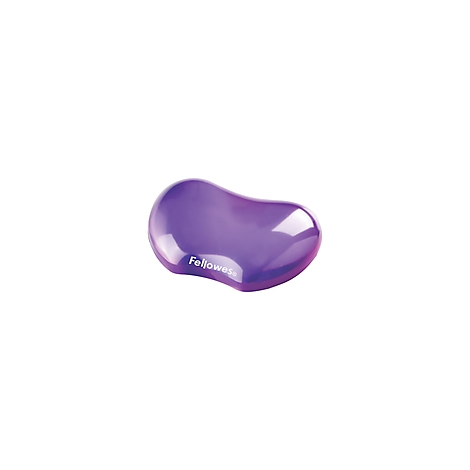 Repose-poignet Fellowes ergonomique, violet en forme de haricot, avec logo.