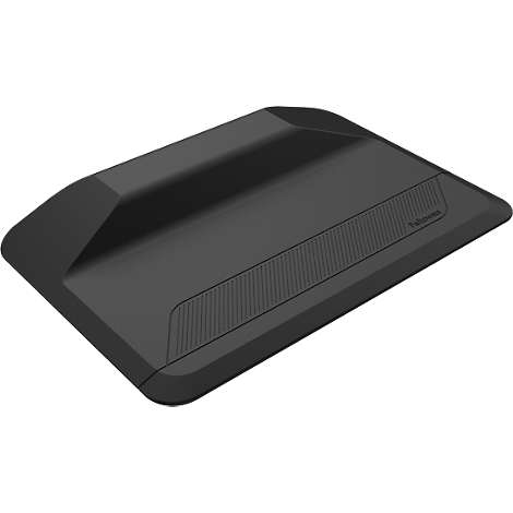 Black ergonomic standing mat with rounded edges. Embossed pattern and brand lettering.