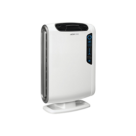 Un purificateur d'air blanc avec des commandes bleues et l'inscription 'AeraMax'. Le filtre repose sur un socle.