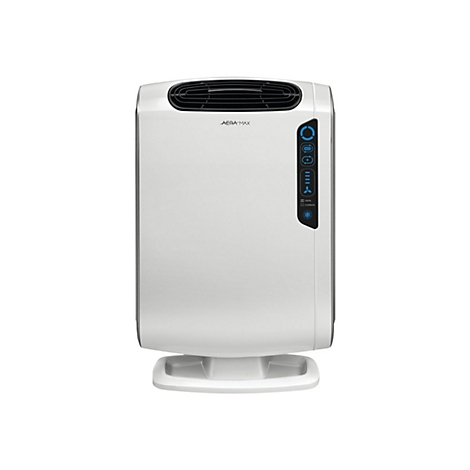 Purificateur d'air blanc avec panneau de commande, posé sur un socle blanc.