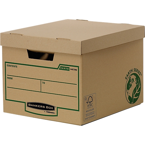 Brown archive box with lid, green lettering and logos. 'Earth Series' is written on the top.