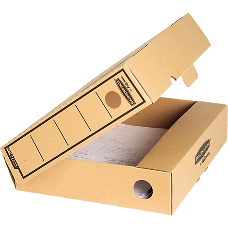 Open cardboard archive box with documents inside. Lid partially open, with circles used as handle holes.