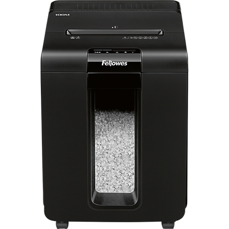 Black paper shredder. The device says Fellowes. Shredded paper is visible in the viewing window.