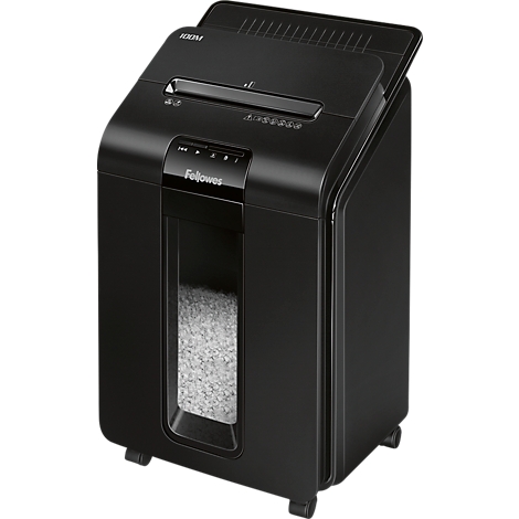 Black paper shredder with visible collection bin. Fellowes logo. Wheels at the bottom.