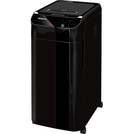 Black Fellowes paper shredder. Control panel with buttons visible.