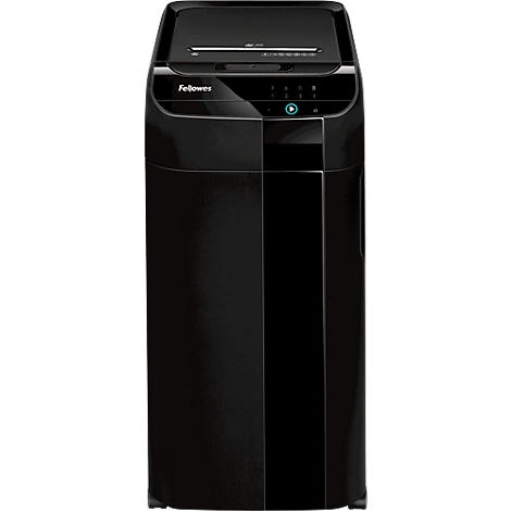 Black Fellowes shredder. Control panel above paper tray with start button. Glossy surface.