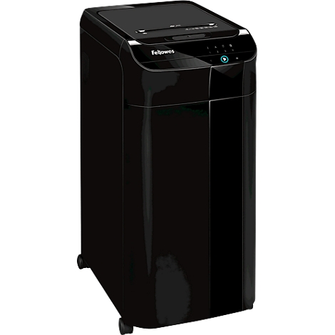 A black paper shredder on wheels. Buttons and a logo are visible on the top.