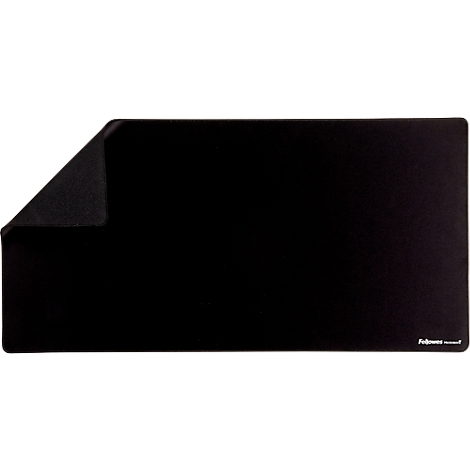 Black, rectangular desk mat with one corner folded up, brand logo in the bottom right.