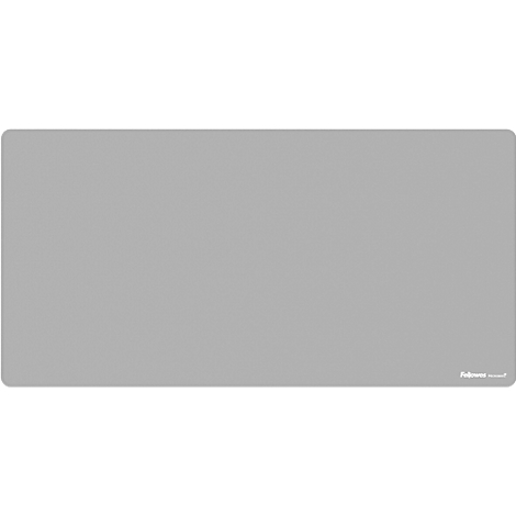 Gray rectangular desk pad with rounded corners. Small logo in the lower right corner.